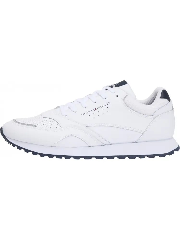 scarpe bianche uomo in pelle dettagli blu navy logo sul lato