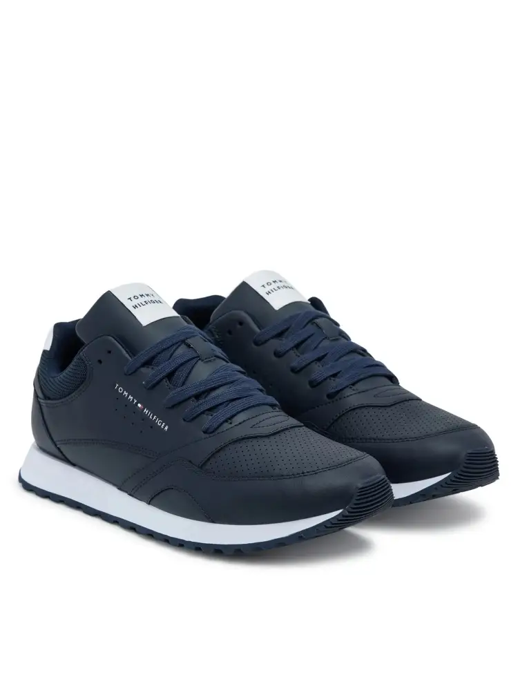 scarpe blu navy uomo in pelle e tessuto mini logo sul lato miniatura 3