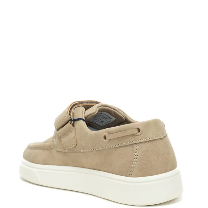 scarpe da bambino in suede modello mocassino con strappo e logo beige miniatura 2