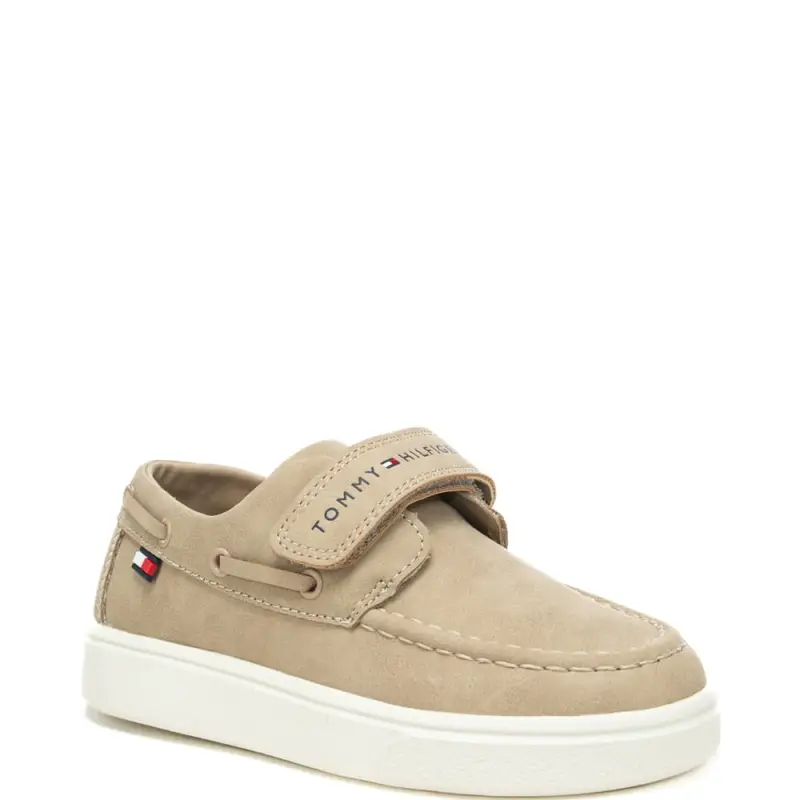 scarpe da bambino in suede modello mocassino con strappo e logo beige miniatura 3
