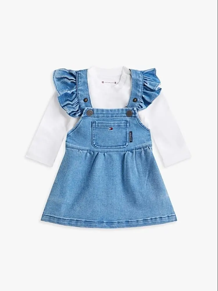 set infant vestito salopette in denim e t-shirt in cotone bianco