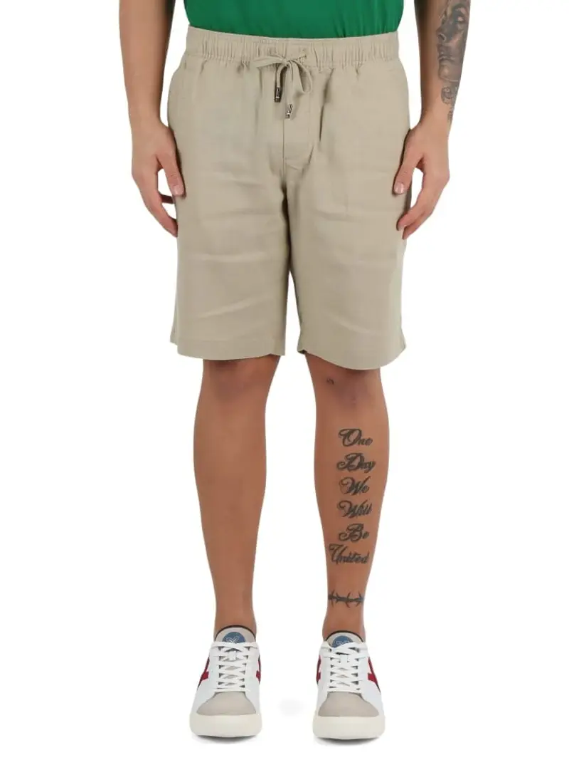 Tommy Hilfiger shorts beige uomo in lino micro logo sul retro
