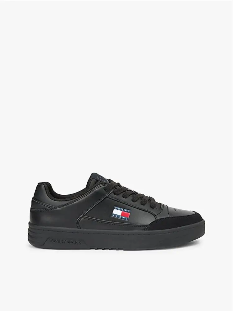 sneaker uomo tjm cupsole in pelle e camoscio nero con logo bandiera