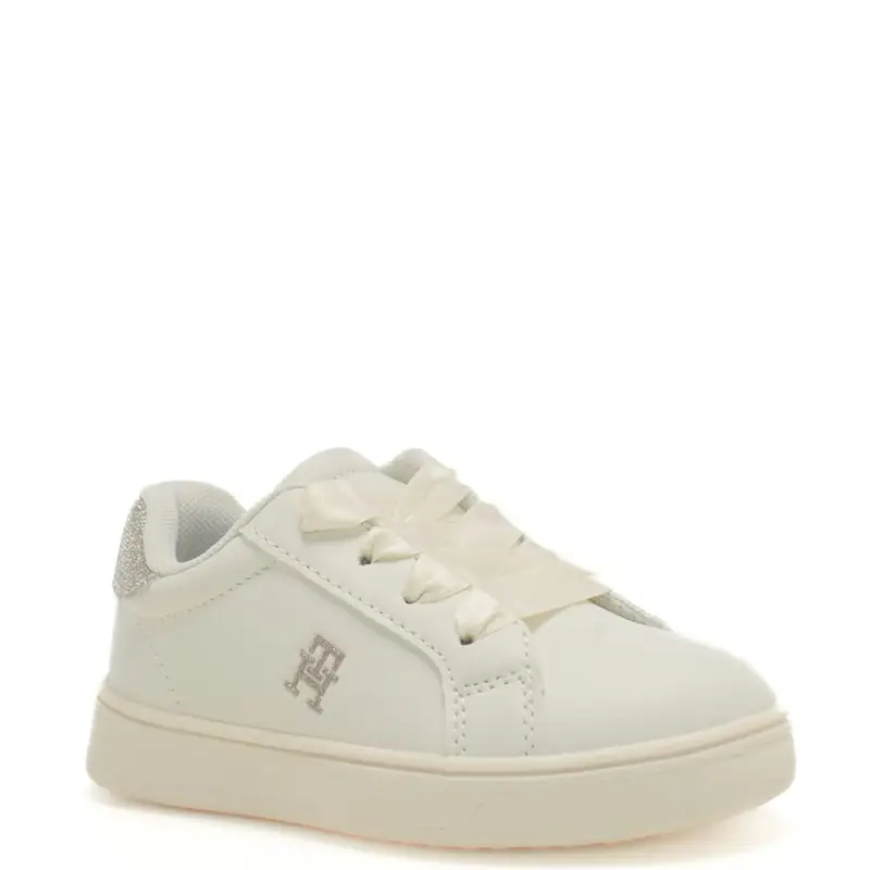 sneakers da bambina con nastri e inserto glitterato sul retro bianco platino miniatura 2