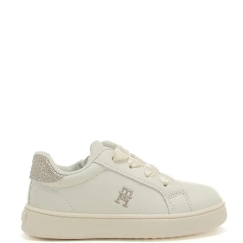 sneakers da bambina con nastri e inserto glitterato sul retro bianco platino