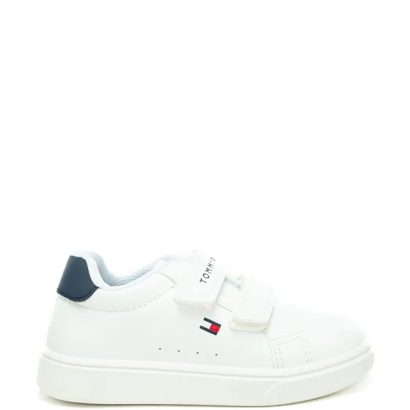 sneakers da bambino con chiusura a strappo e dettagli loggati con bandierina bianche blu