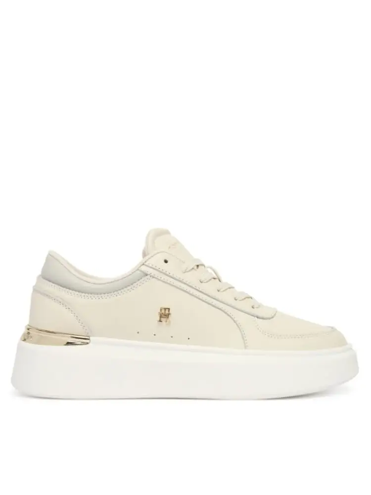 sneakers donna in pelle color panna con dettaglio metallizzato