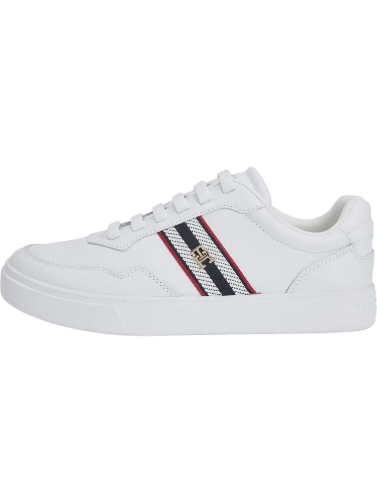 sneakers in pelle bianca con nastro iconico e placchetta monogramma th sul lato