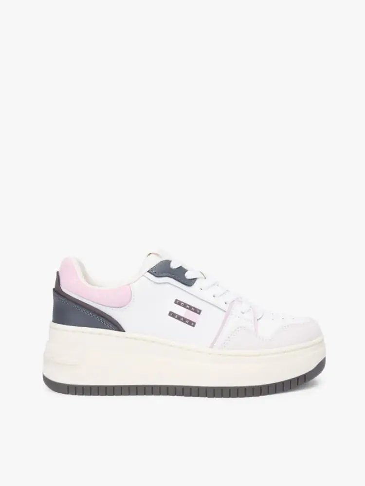 sneakers retro con plateau in pelle scamosciata bianca rosa e blu