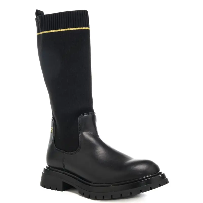 stivali alti da bambina con parte alta elasticizzata a costine e dettagli dorati neri miniatura 2