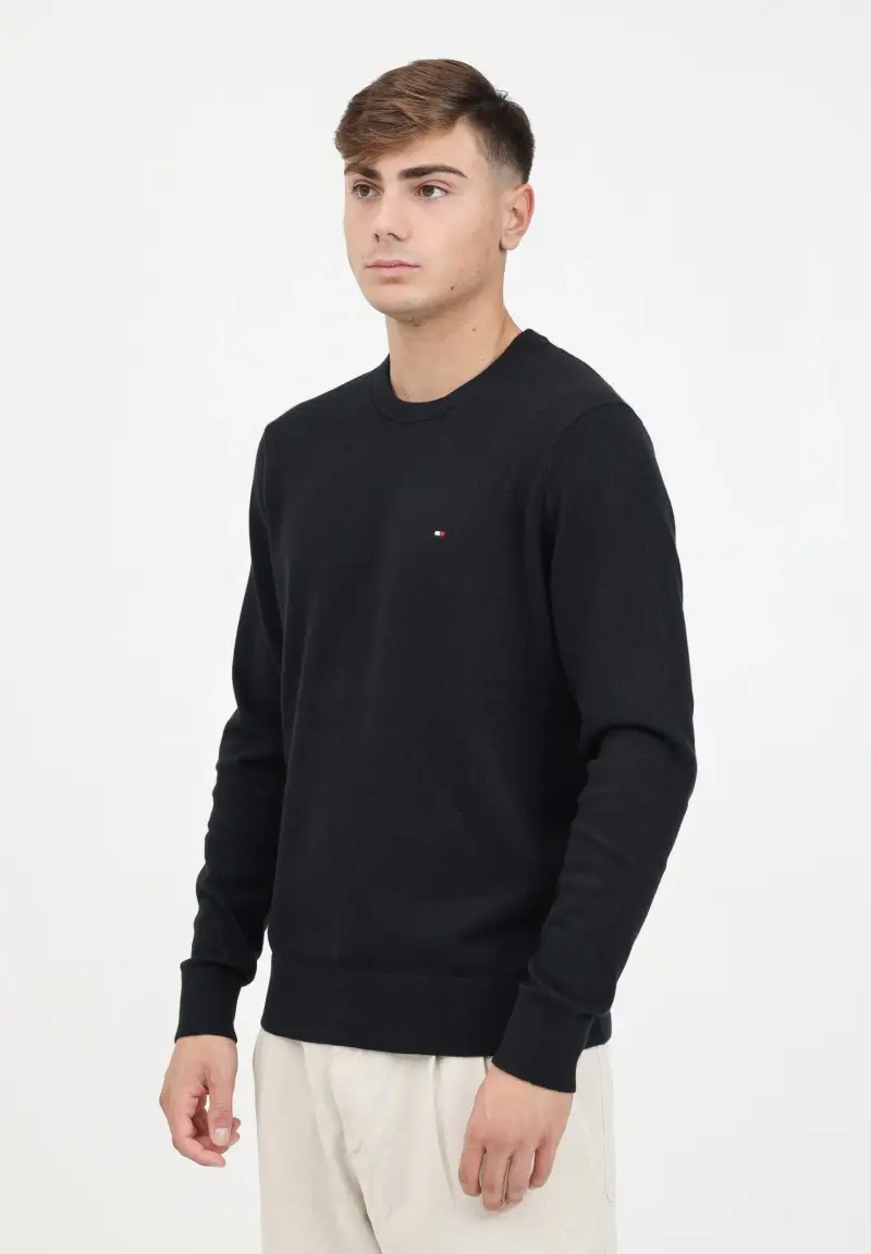 TOMMY HILFIGHER Maglioncino girocollo nero da uomo con ricamo logo