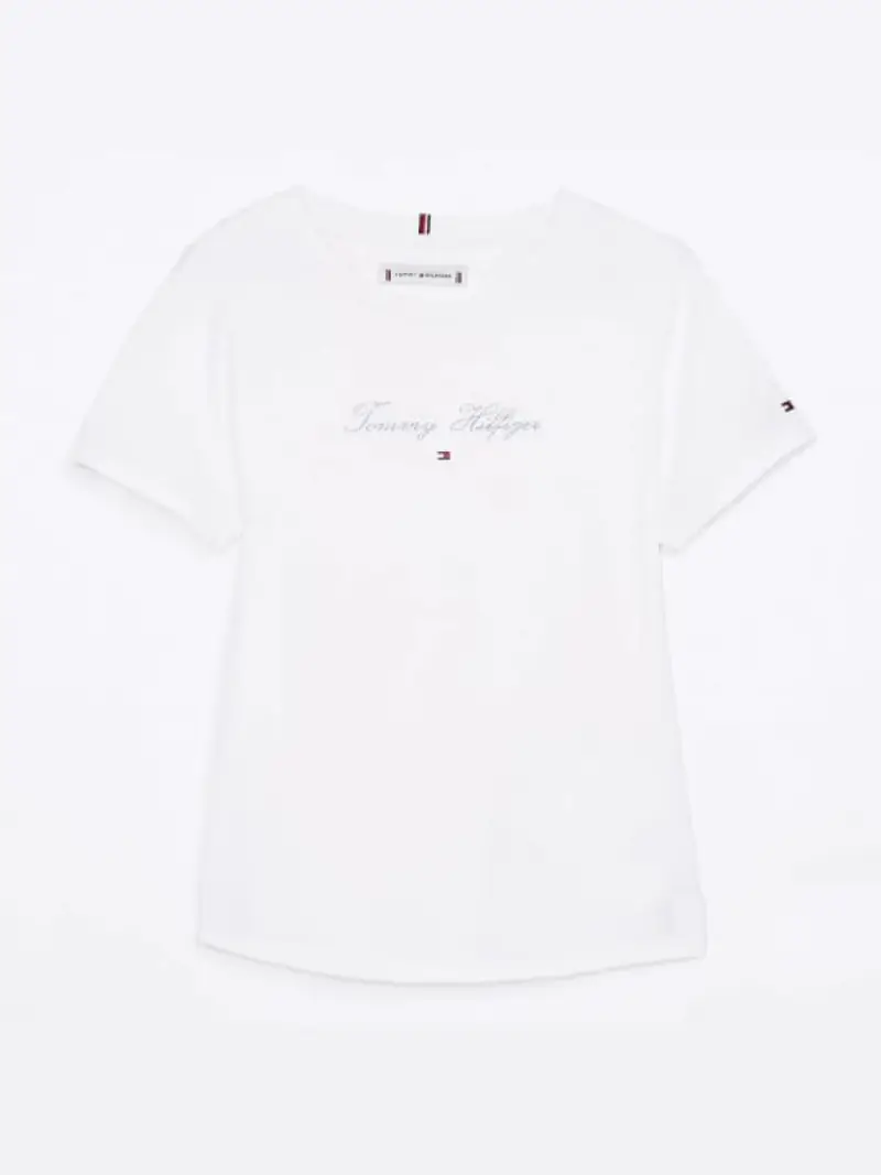 Tommy Hilfiger tshirt bianca bambina in cotone logo con glitter sul davanti