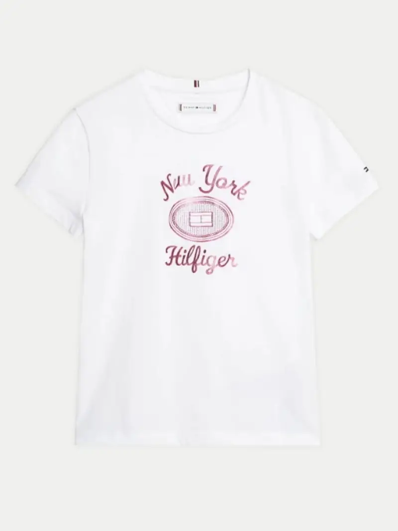 Tommy Hilfiger tshirt bianca bambina in cotone logo in lamina rosa sul davanti