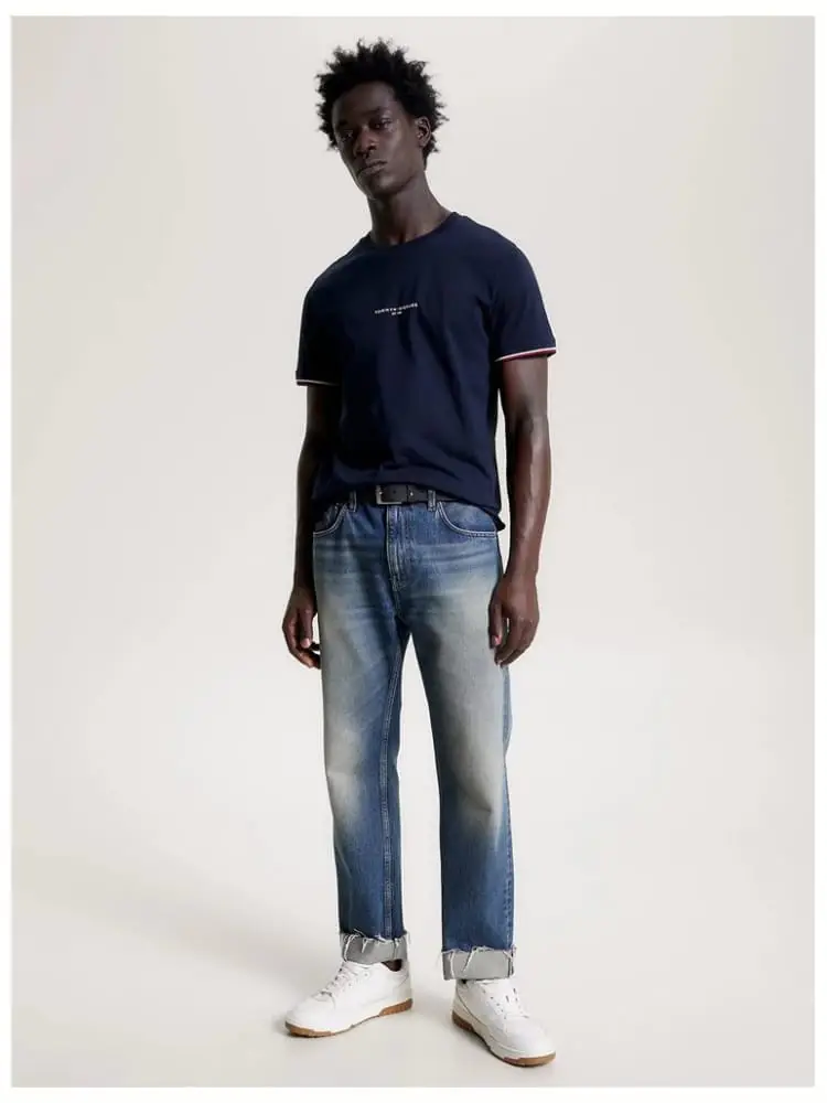 tshirt blu navy uomo in cotone con stampa sul petto bandiera sulla manica miniatura 3