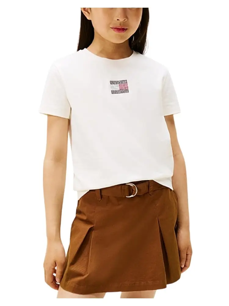 tshirt ecru bambina in cotone logo con strass sul davanti miniatura 3