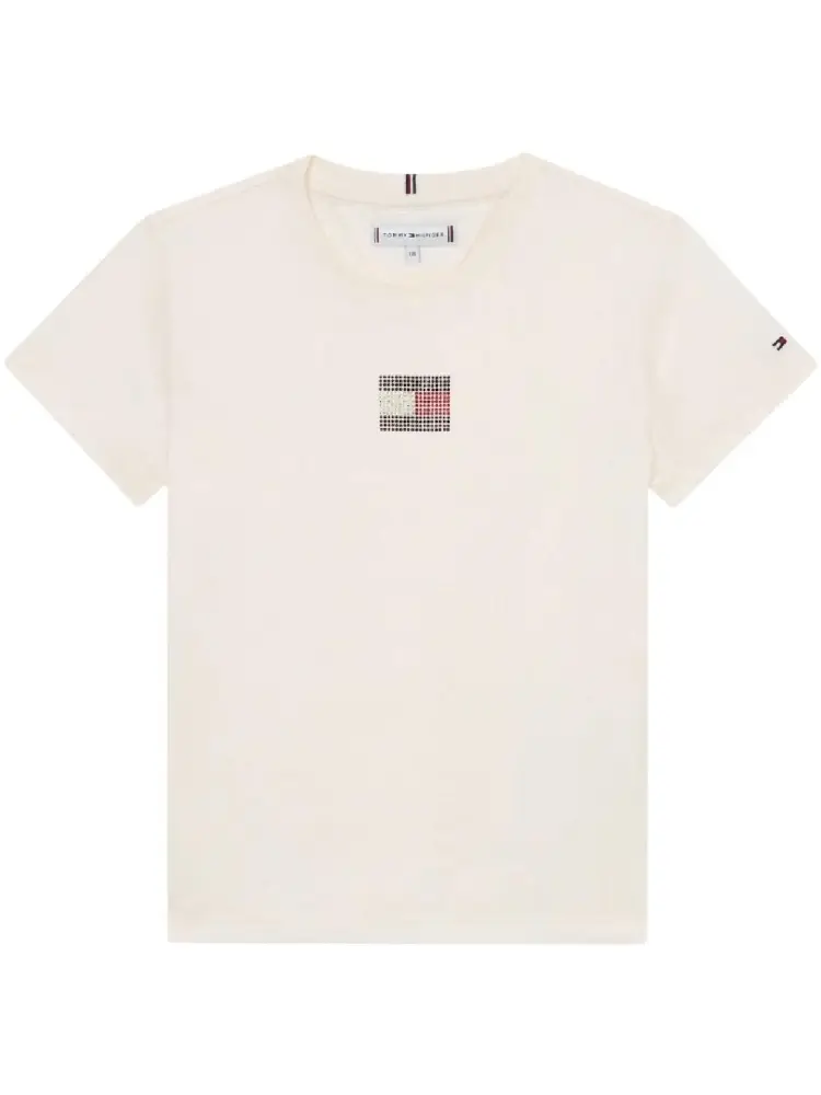tshirt ecru bambina in cotone logo con strass sul davanti