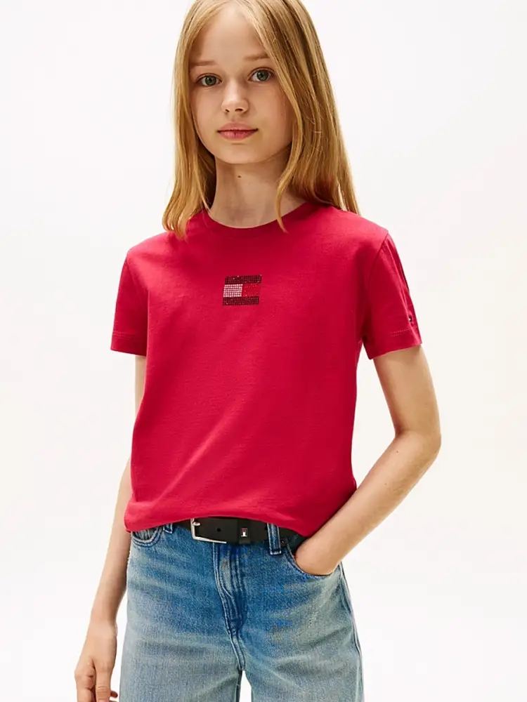 tshirt rossa bambina in cotone logo con strass sul petto