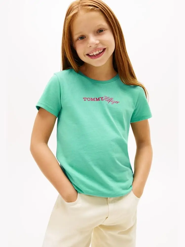 tshirt verde acqua bambina con logo
