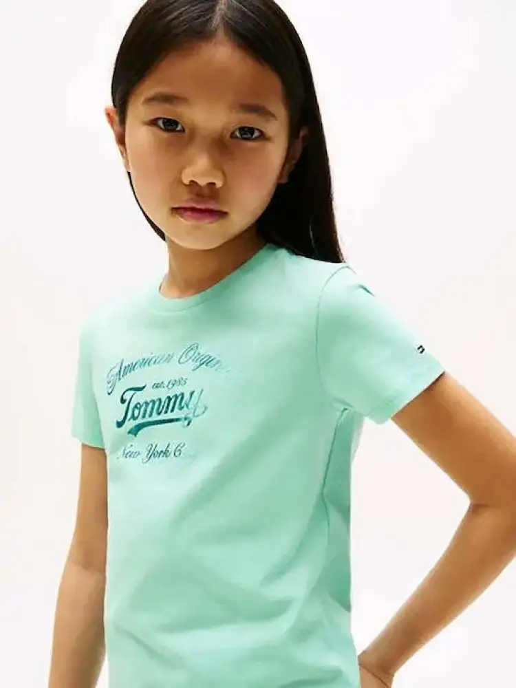 tshirt verde acqua bambina in cotone maxi logo sul davanti miniatura 2