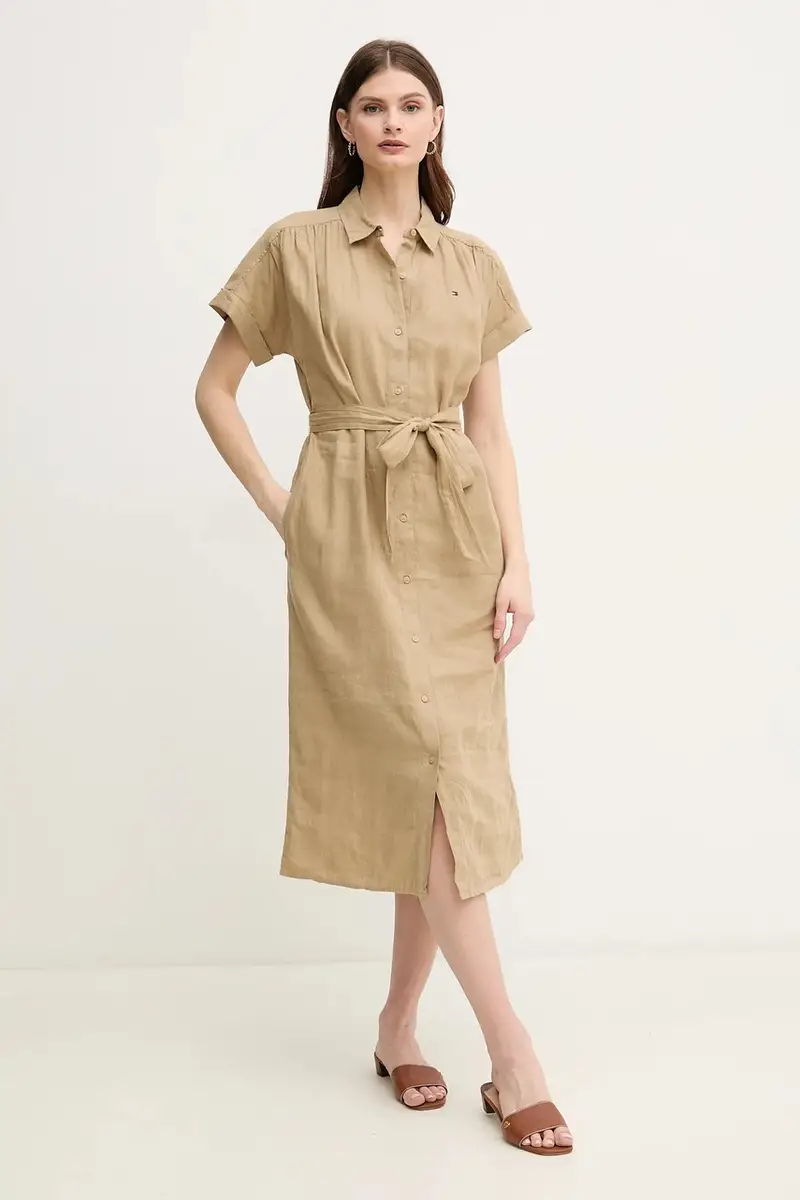 vestito di lino colore verde WW0WW44653 miniatura 2