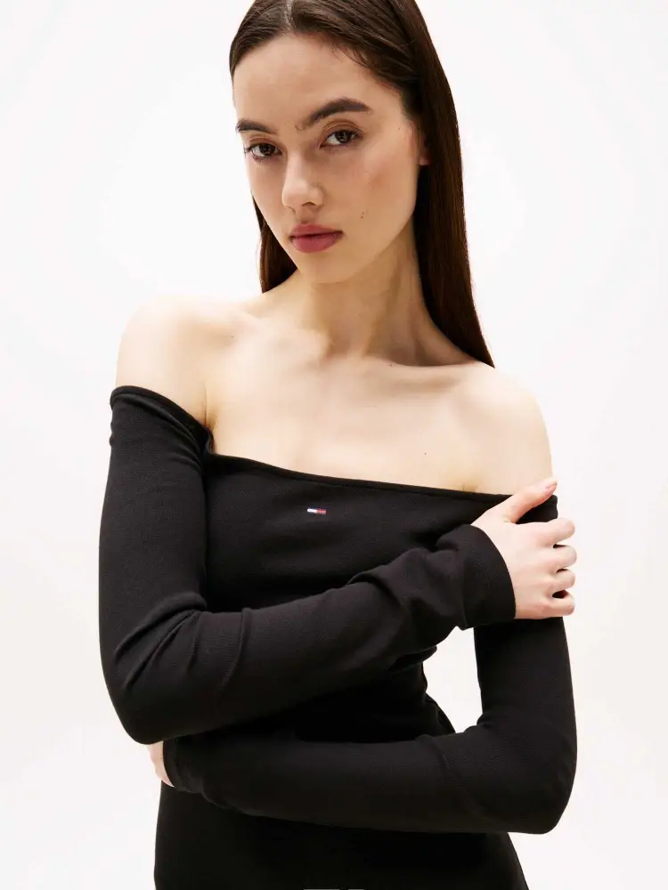 abito nero donna in cotone mini logo sul davanti miniatura 3