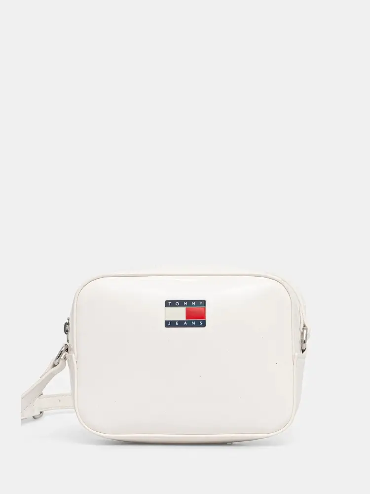 borsa bianca donna in ecopelle lucida con tracolla logo sul davanti