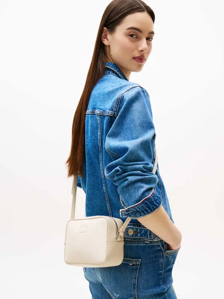 borsa ecru donna in similpelle con tracolla logo sul davanti miniatura 3