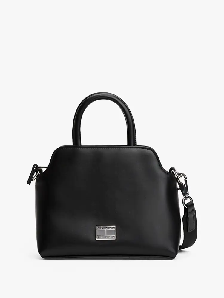 borsa nera donna in ecopelle liscia con tracolla logo sul davanti