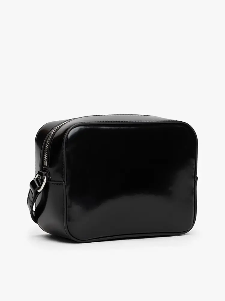 borsa nera donna lucida con tracolla logo sul davanti miniatura 2