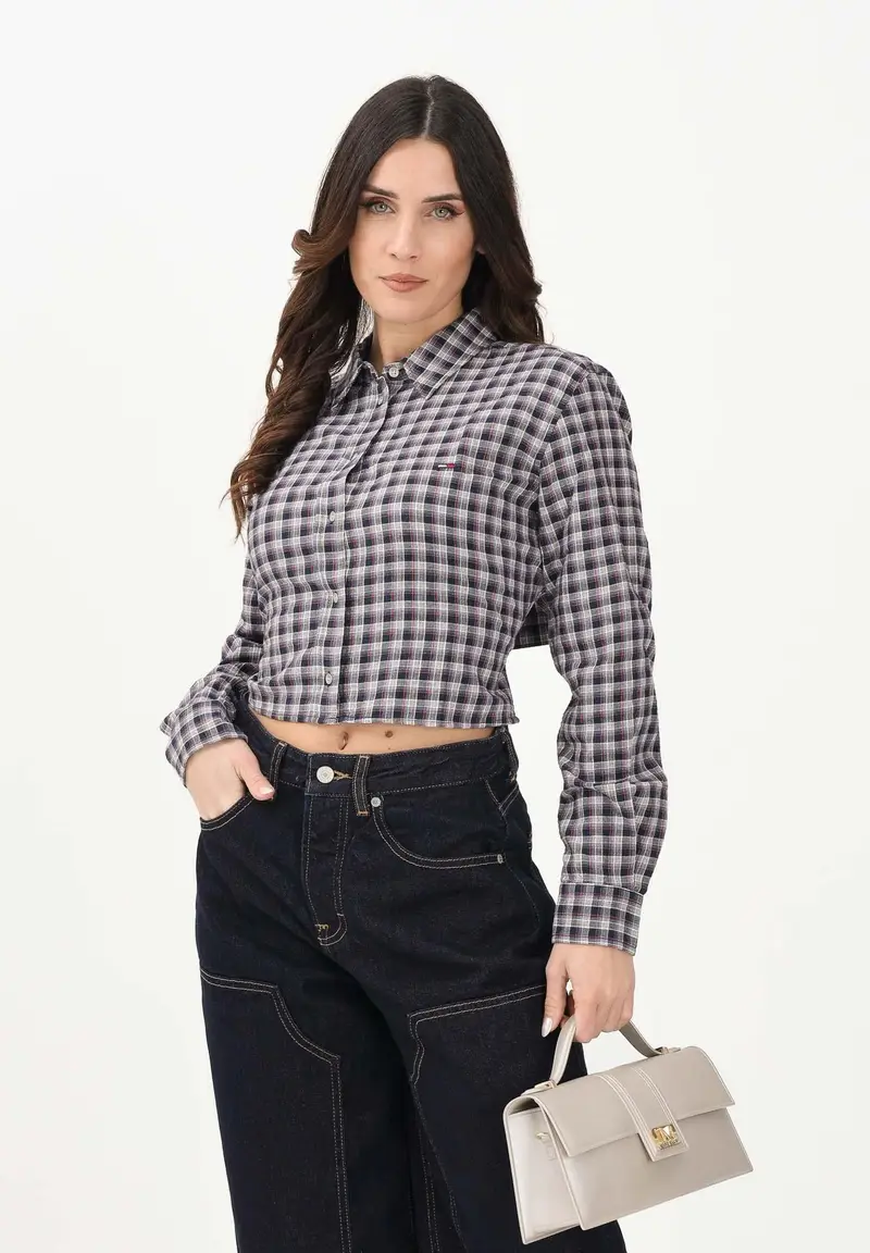 Camicia a manica lunga blu da donna con motivo a quadri miniatura 2