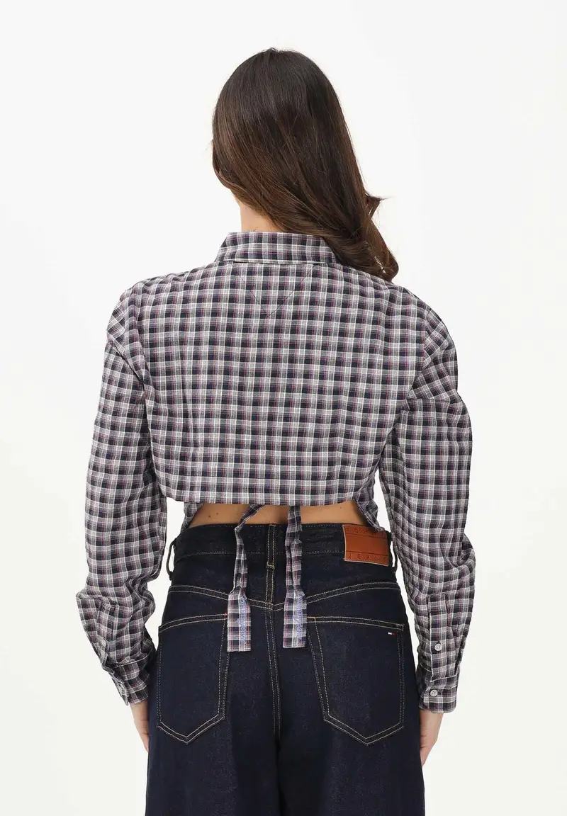 Camicia a manica lunga blu da donna con motivo a quadri miniatura 3