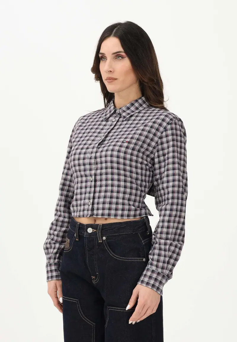 Camicia a manica lunga blu da donna con motivo a quadri