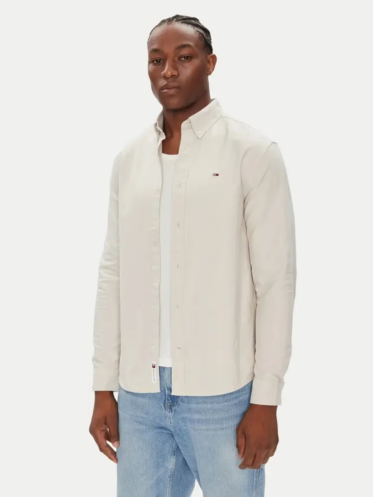 camicia beige chiaro uomo in cotone mini logo sul petto