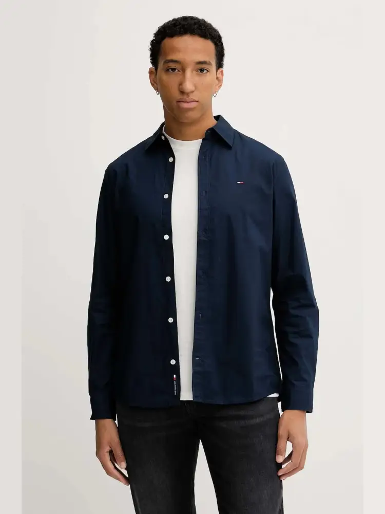 camicia blu navy uomo in cotone mini logo sul petto