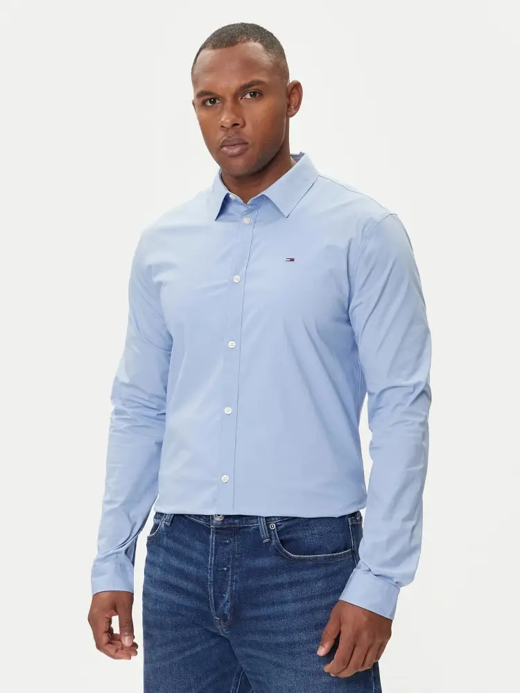 camicia celeste uomo in cotone slim fit mini logo sul petto