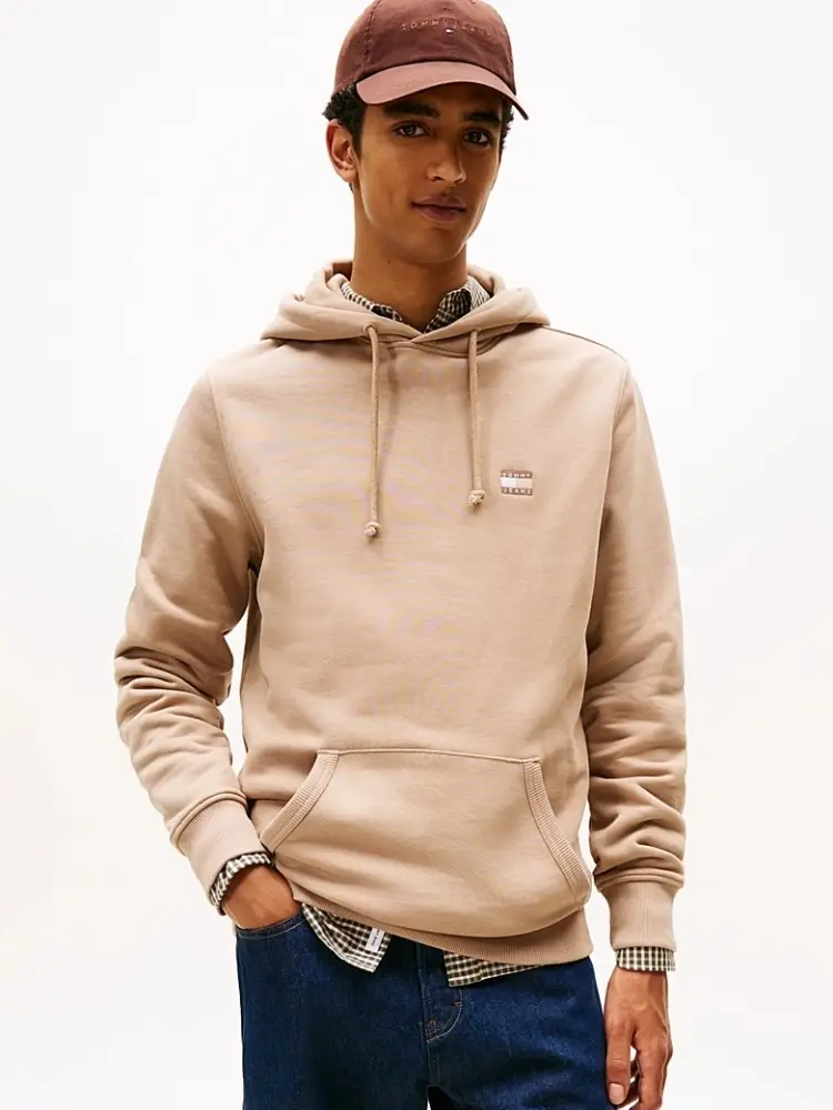 felpa beige uomo in cotone con cappuccio patch logo sul petto