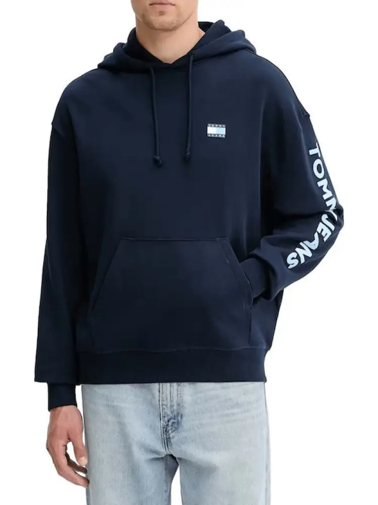 felpa blu navy uomo in cotone con cappuccio maxi logo sul braccio