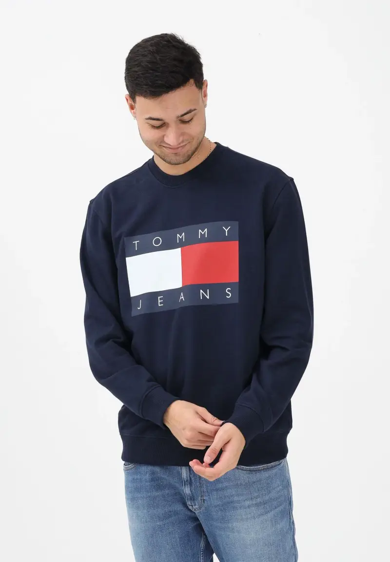 Felpa girocollo blu da uomo con stampa logo miniatura 2