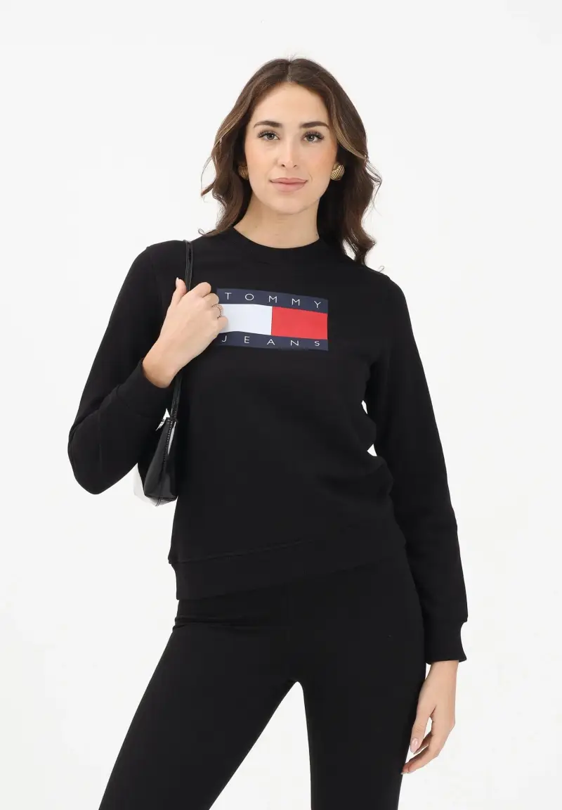 Felpa girocollo nera da donna con stampa logo miniatura 2