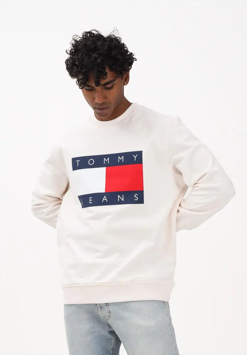 Felpa girocollo panna da uomo con stampa logo miniatura 2