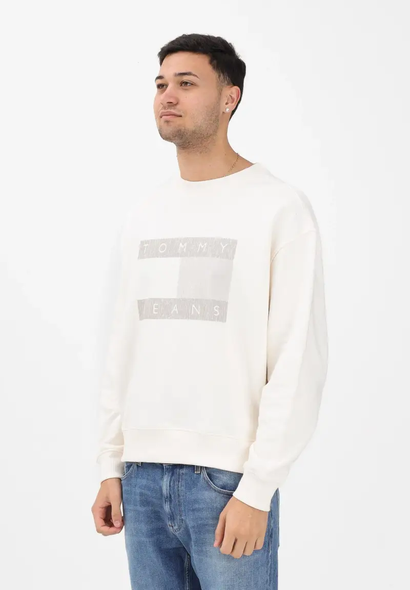 Felpa girocollo panna da uomo stile '90s con distintivo