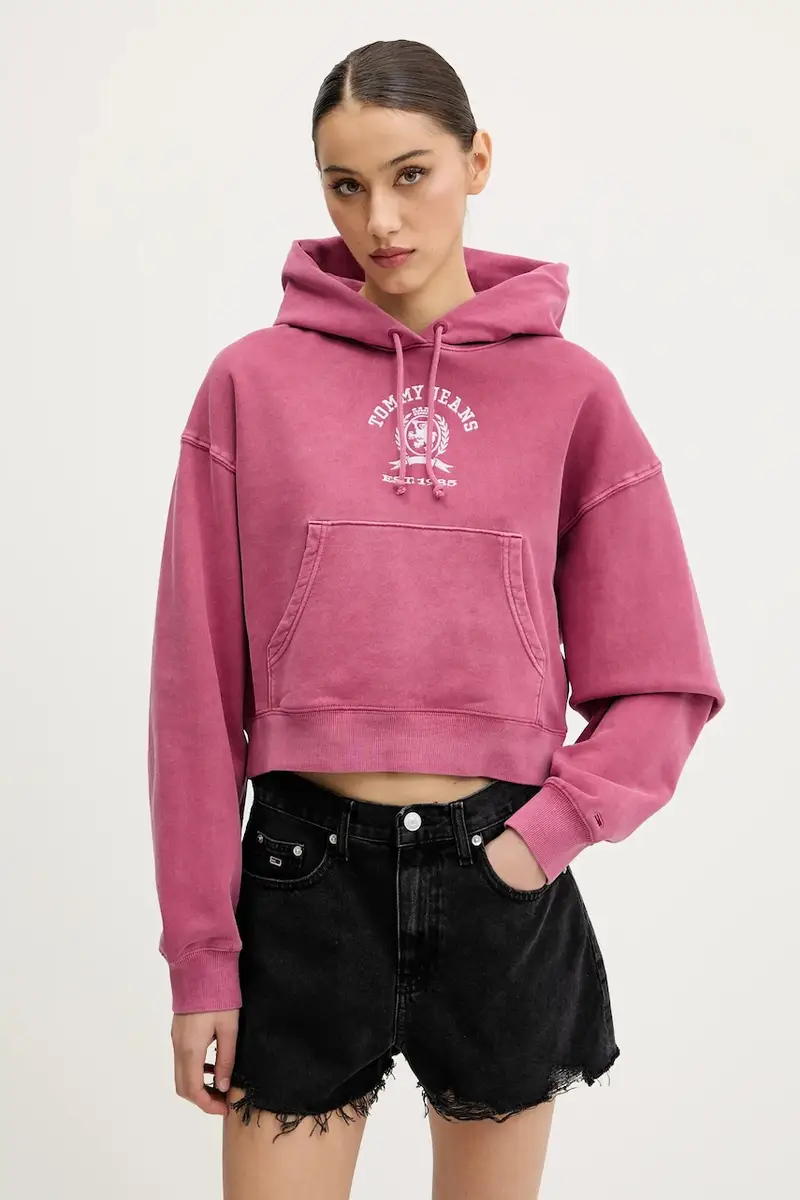 felpa in cotone colore rosa con cappuccio con applicazione DW0DW20311