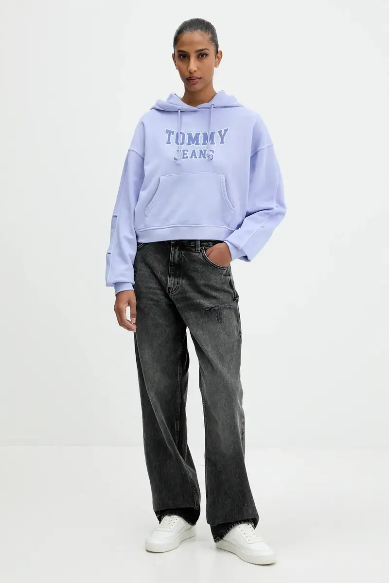 felpa in cotone donna colore blu con cappuccio con applicazione DW0DW21598 miniatura 2