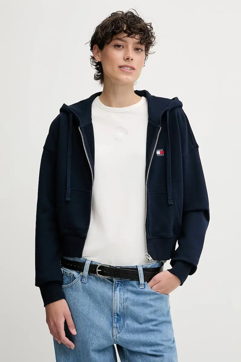 felpa in cotone donna colore blu navy con cappuccio con applicazione DW0DW21147