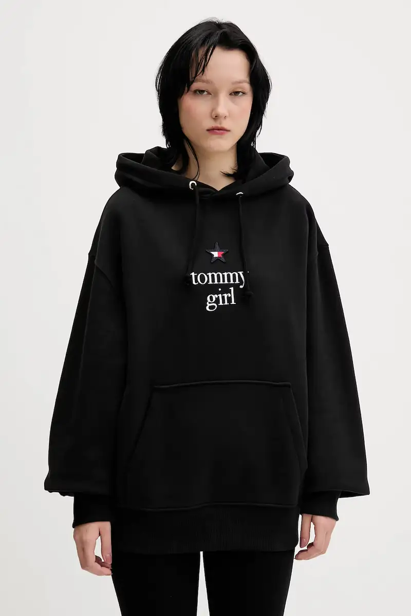 felpa in cotone donna colore nero con cappuccio con applicazione DN0DN00099