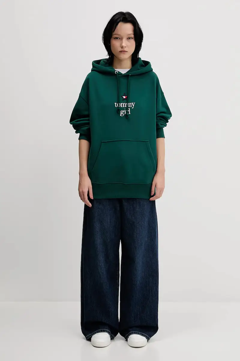 felpa in cotone donna colore verde con cappuccio con applicazione DN0DN00099 miniatura 2