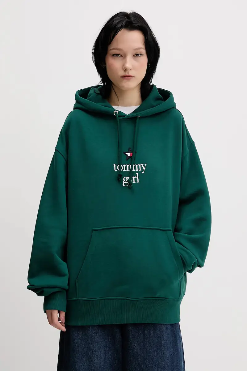 felpa in cotone donna colore verde con cappuccio con applicazione DN0DN00099