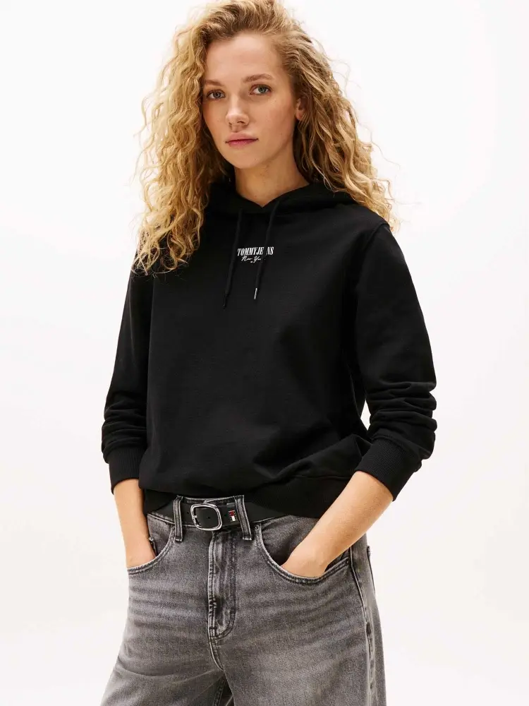 felpa nera donna in cotone con cappuccio logo sul davanti