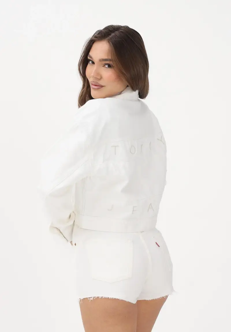 Giubbotto in denim bianco da donna con logo sul retro miniatura 2