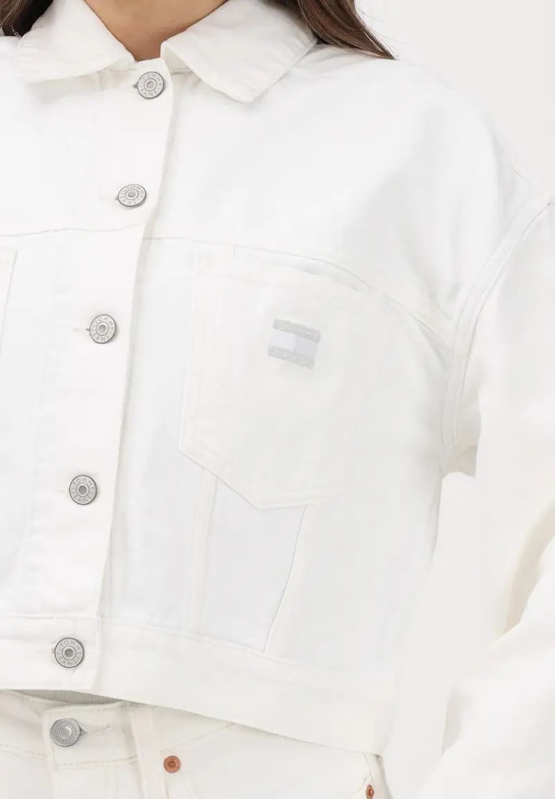 Giubbotto in denim bianco da donna con logo sul retro miniatura 3